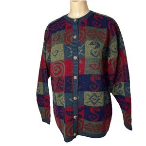 Vintage Equorian Heritage Womens M 14/16 Cardigan Knit Sweater NOS grn blue red